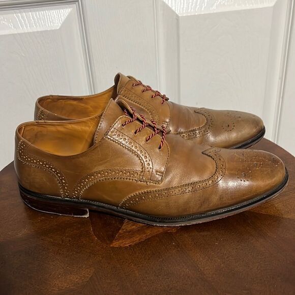 🔥🔥 Martin Dingman Made In Italy Tan Leather Lace Up Derby Wing Tip Shoes - GUC - Picture 2 of 11